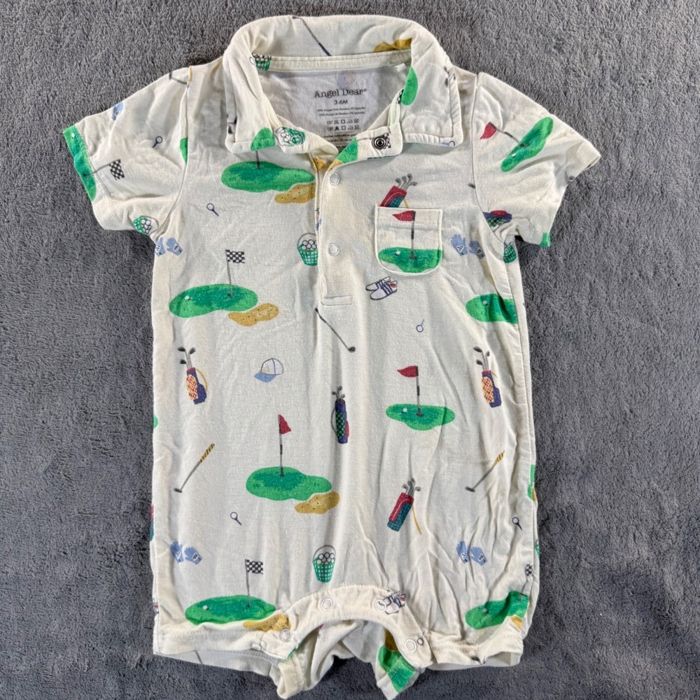 Angel Dear Polo Romper Baby 3-6M Cream Excellent Golf Print Bamboo Viscose